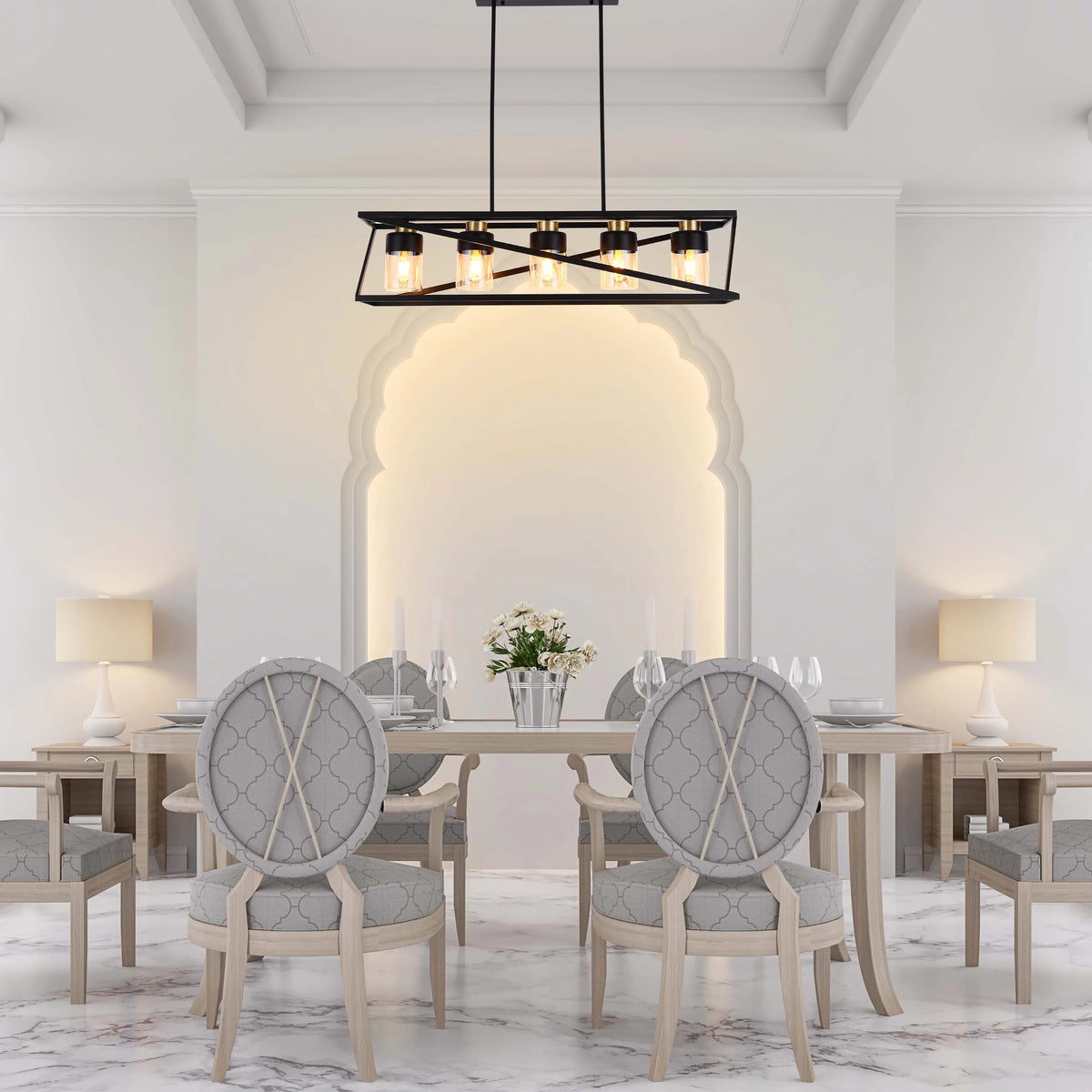 A dining room with modern lighting: a black, linear pendant light hangs above a wooden table, illuminating the space with a warm glow.