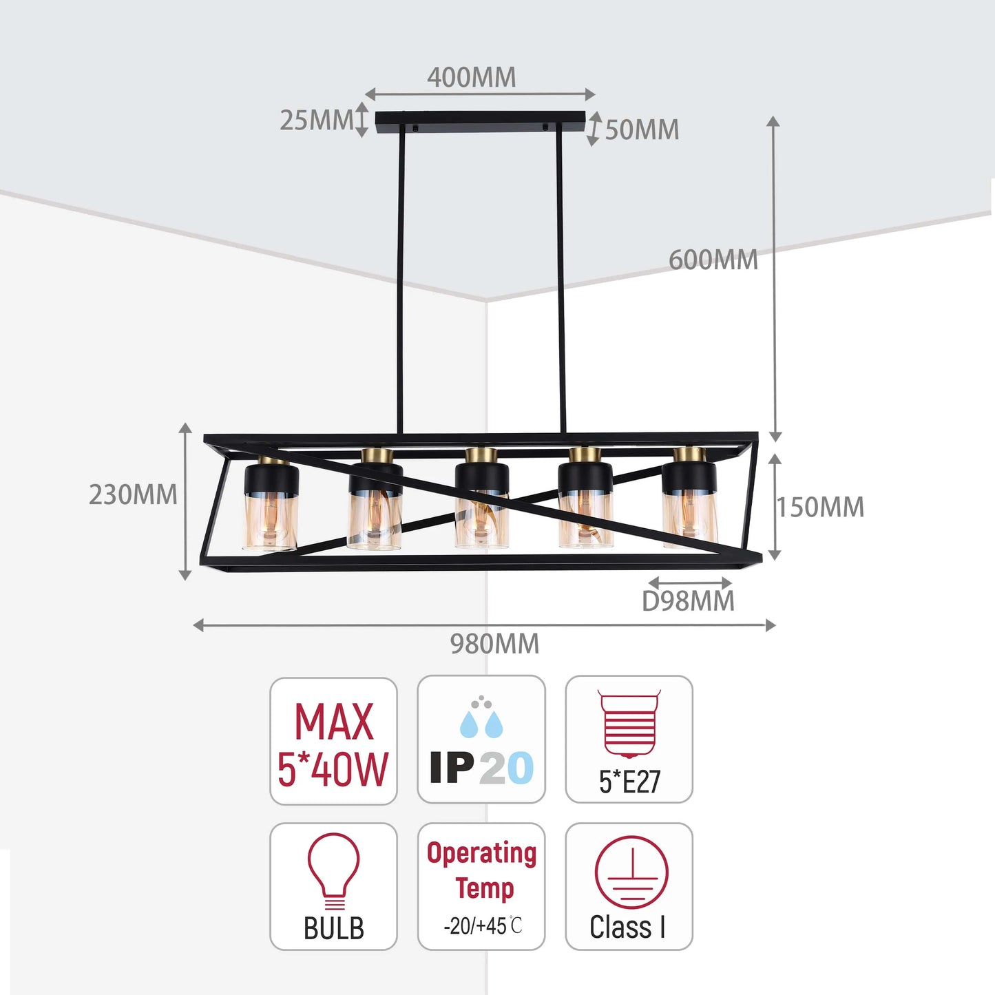 Stylish five-bulb pendant lighting with a rectangular frame. Dimensions are shown with clear markers.