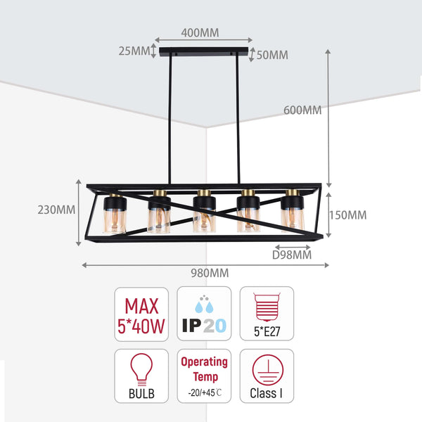 Stylish five-bulb pendant lighting with a rectangular frame. Dimensions are shown with clear markers.