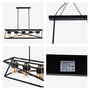 Black pendant light with five amber glass shades. Industrial design with a rectangular metal frame. Modern and stylish lighting.