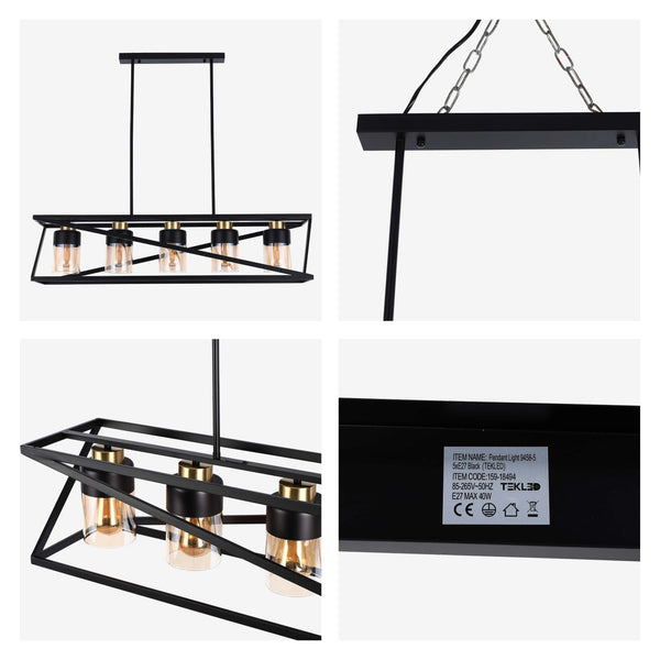 Black pendant light with five amber glass shades. Industrial design with a rectangular metal frame. Modern and stylish lighting.