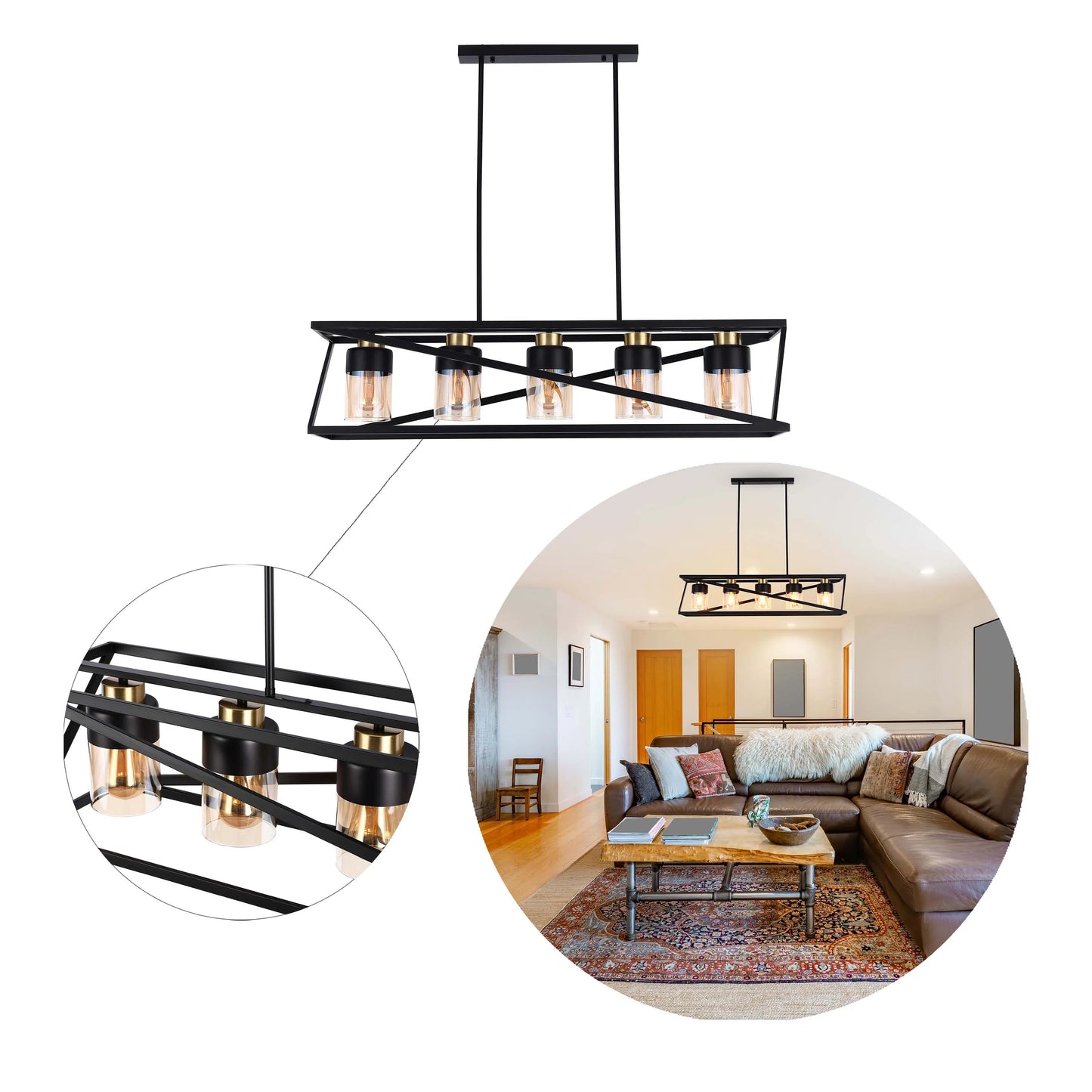 A modern, industrial-style black metal chandelier with five amber glass shades is displayed in a room setting.