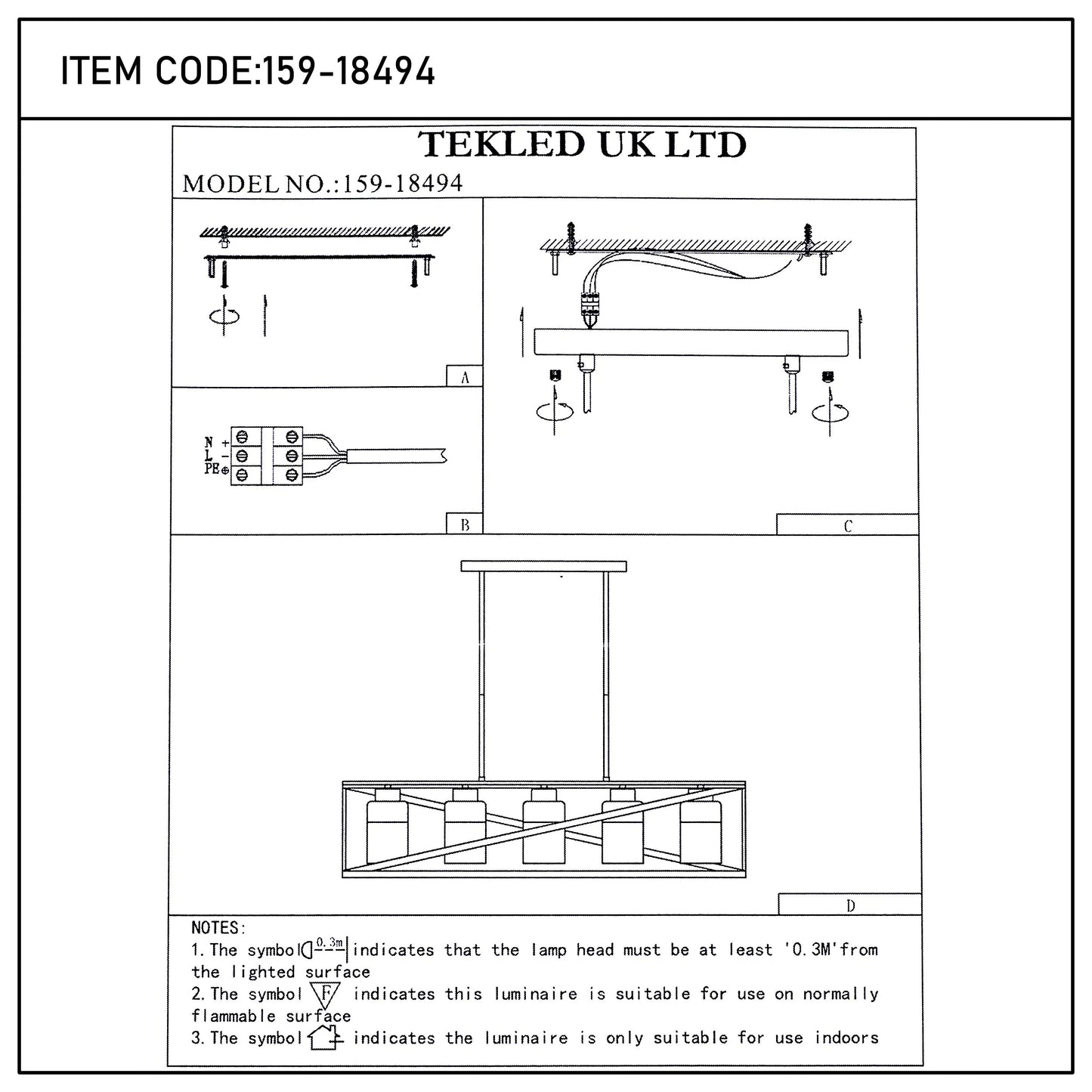 A pendant light with three shades hanging from a rectangular frame. The light is suitable for indoor use and should be 0.3M from surfaces.