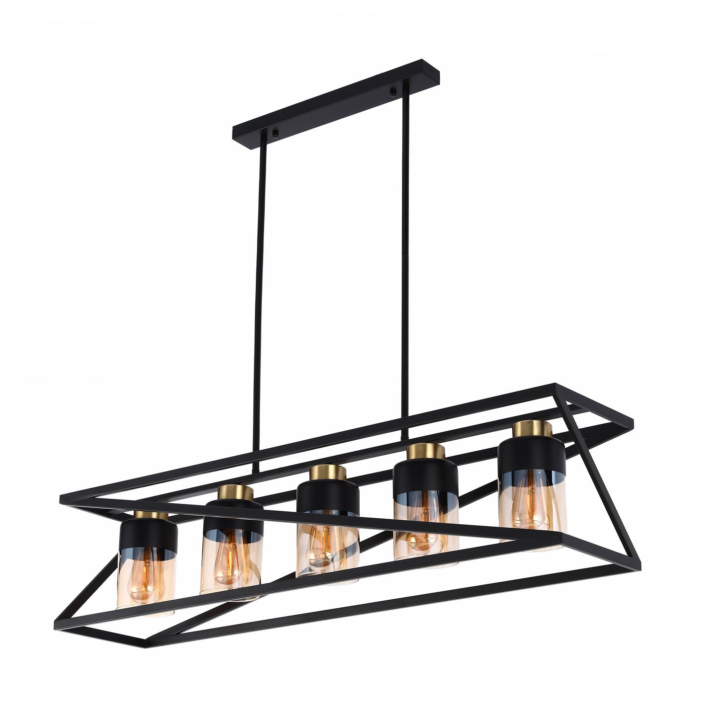 A stylish, black five-light pendant with glass shades, perfect for a modern dining room or kitchen island.
