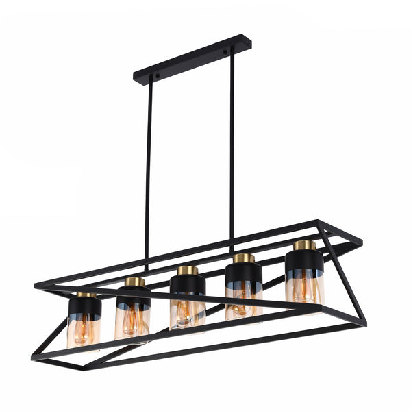 A stylish, black five-light pendant with glass shades, perfect for a modern dining room or kitchen island.