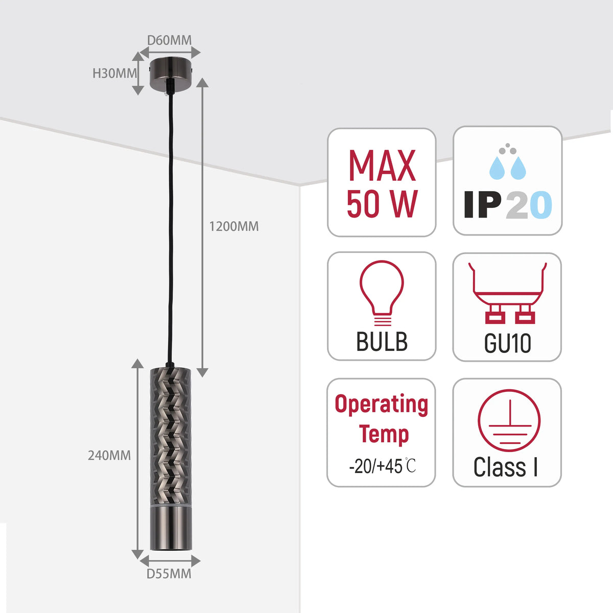 Hanging pendant light with dimensions. Maximum 50W, IP20 rating, GU10 bulb, operating temp -20/+45C, Class I.