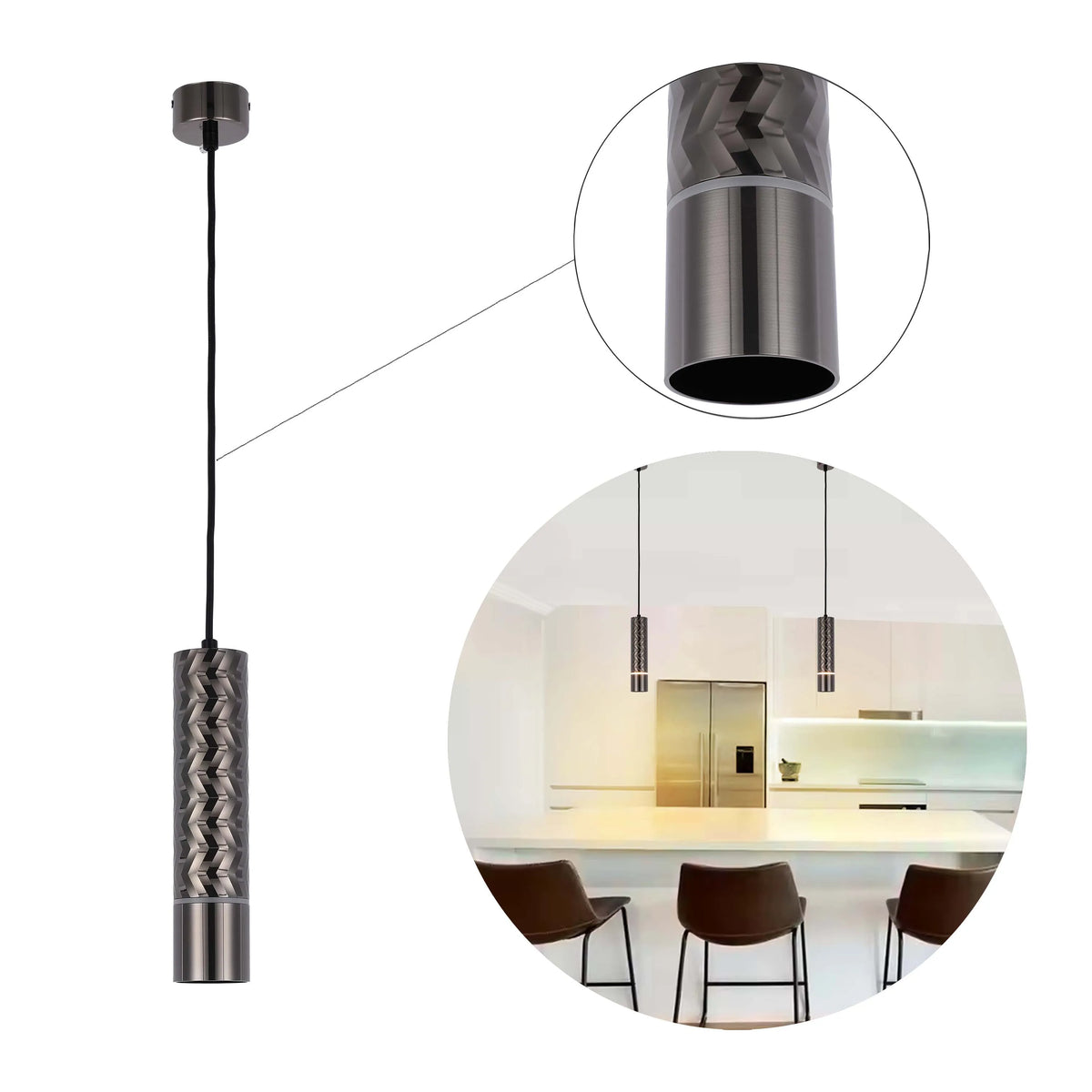 A patterned pendant light hangs from a black cord. It's displayed in a modern kitchen scene with a stainless steel fridge.