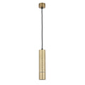 Gold, patterned, cylinder pendant light with black flex, suspended from a matching ceiling rose.