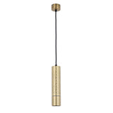 Gold, patterned, cylinder pendant light with black flex, suspended from a matching ceiling rose.