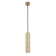 Gold, patterned, cylinder pendant light with black flex, suspended from a matching ceiling rose.