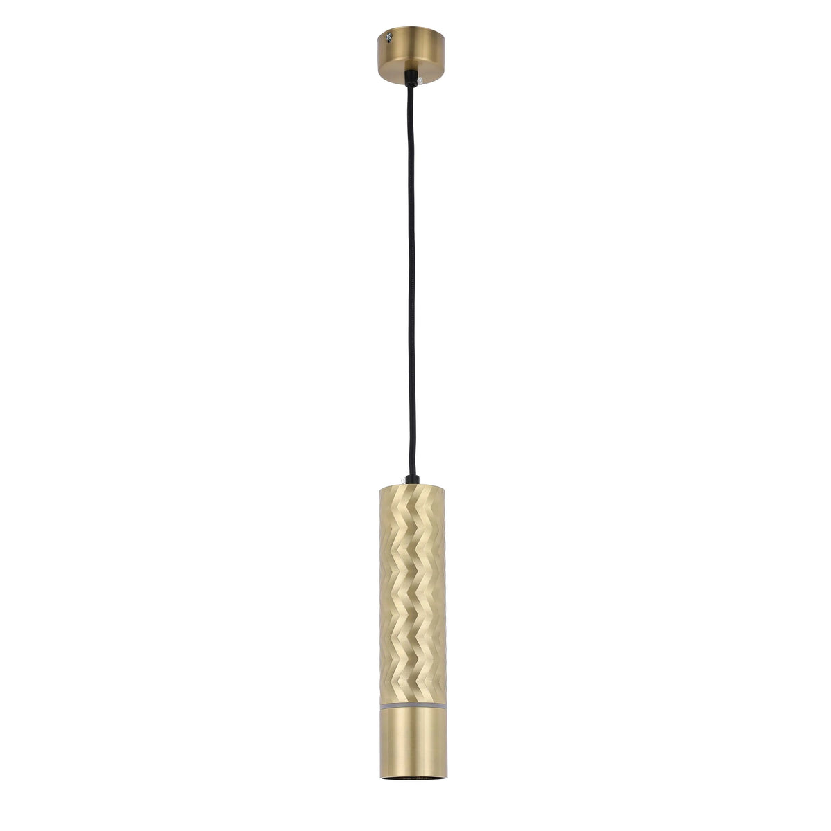 Gold, patterned, cylinder pendant light with black flex, suspended from a matching ceiling rose.