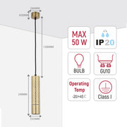 A sleek, gold pendant light with textural detailing. Dimensions and technical specifications also displayed.