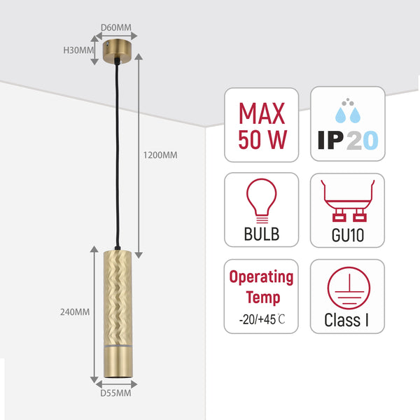 A sleek, gold pendant light with textural detailing. Dimensions and technical specifications also displayed.