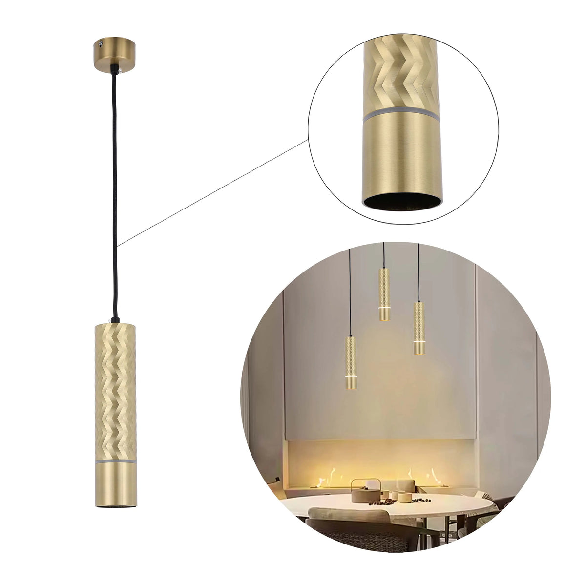A stylish gold pendant light with patterned detailing. Adds a modern, decorative touch to any room.