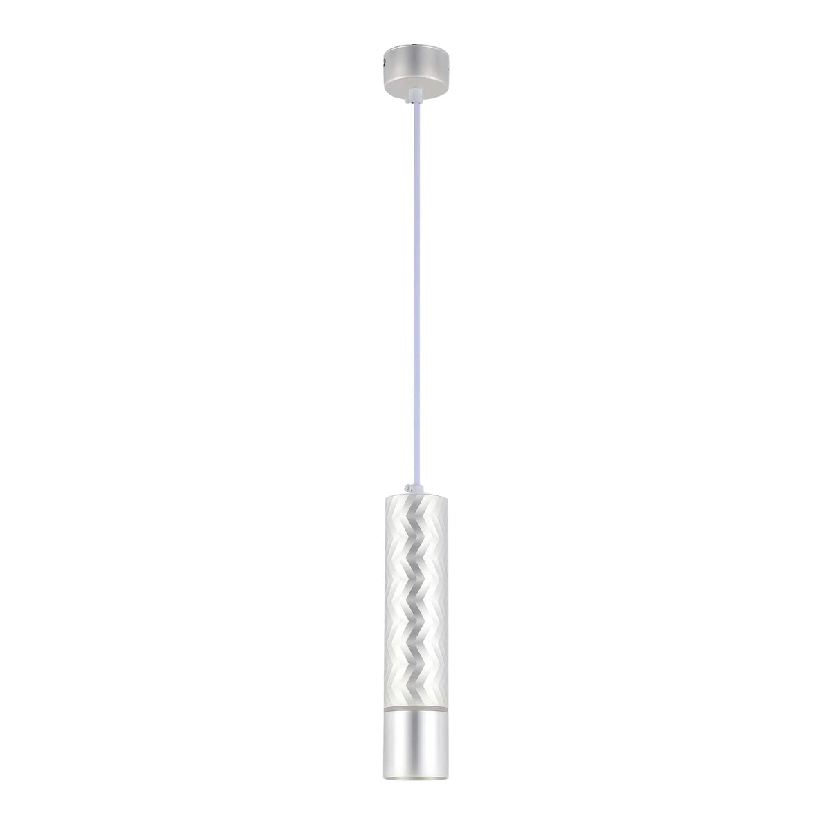 Silver zig-zag patterned ceiling pendant light with a slender drop from the ceiling rose. Perfect as a modern spotlight.