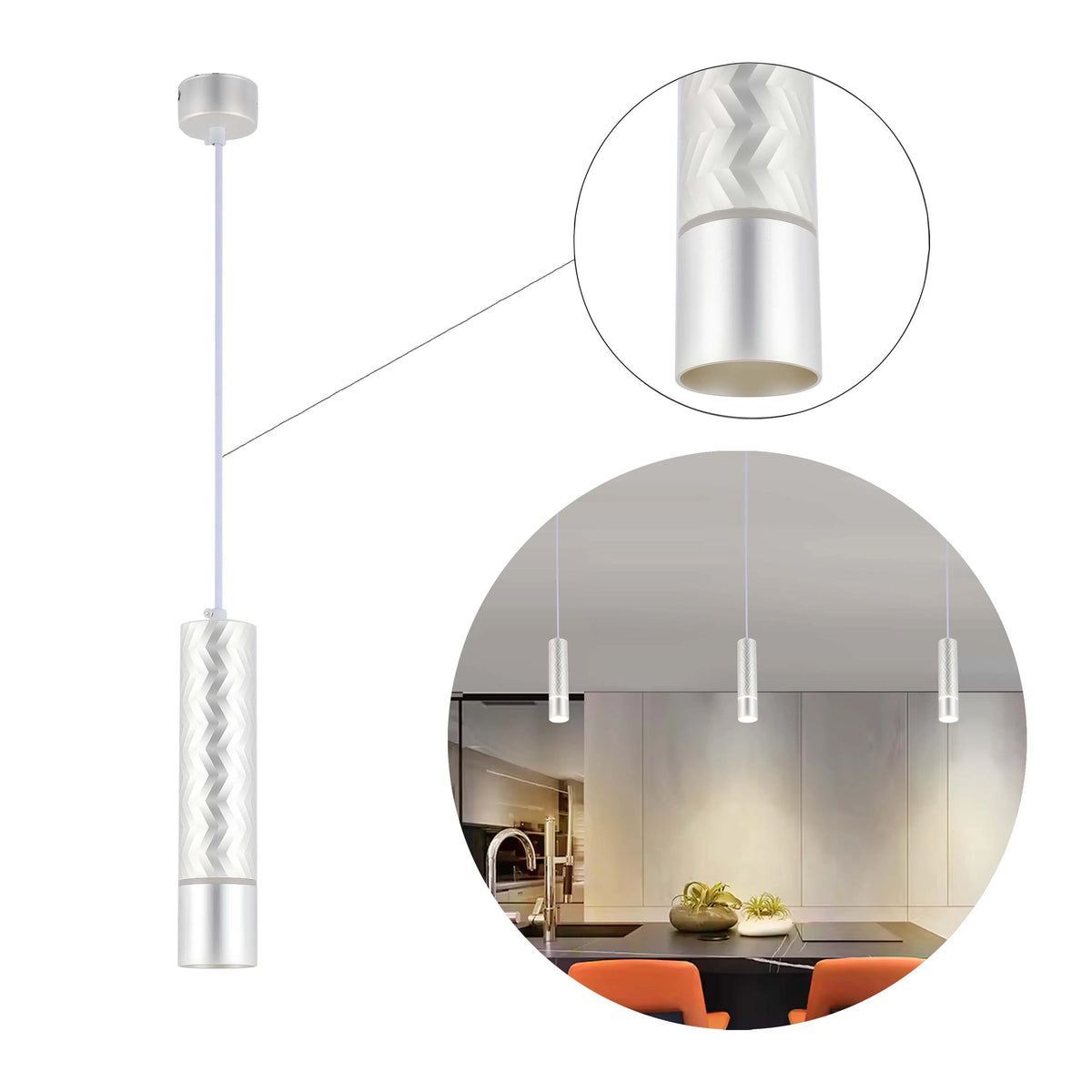 Contemporary silver pendant light with a geometric, patterned shade and a slimline cable, perfect for modern kitchens.