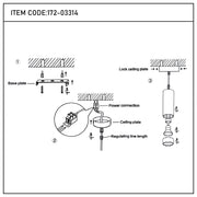 Assembly instructions for a ceiling pendant light, showing base plate, power connection and lock ceiling plate fittings.