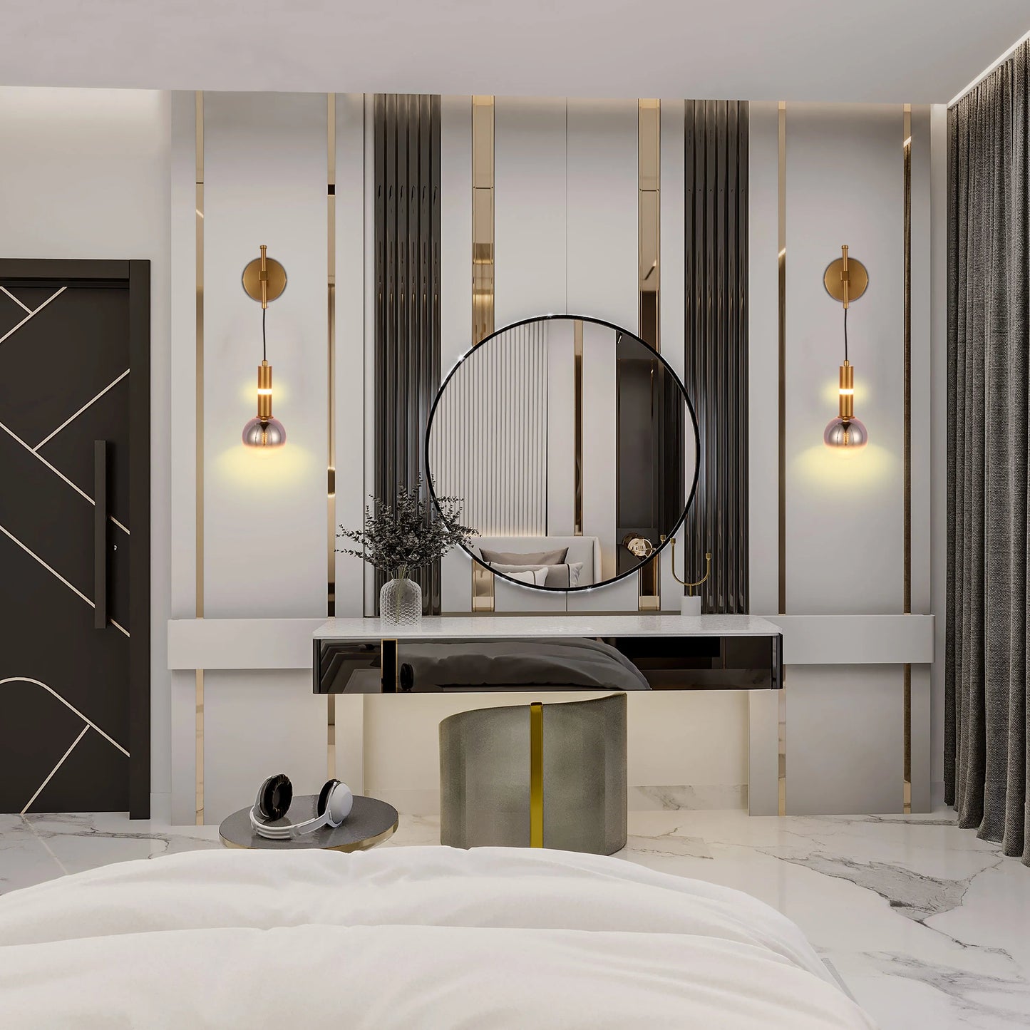Stunning vanity lighting with gold sconces and delicate glass shades, casting a warm glow. Perfect for a stylish bedroom.