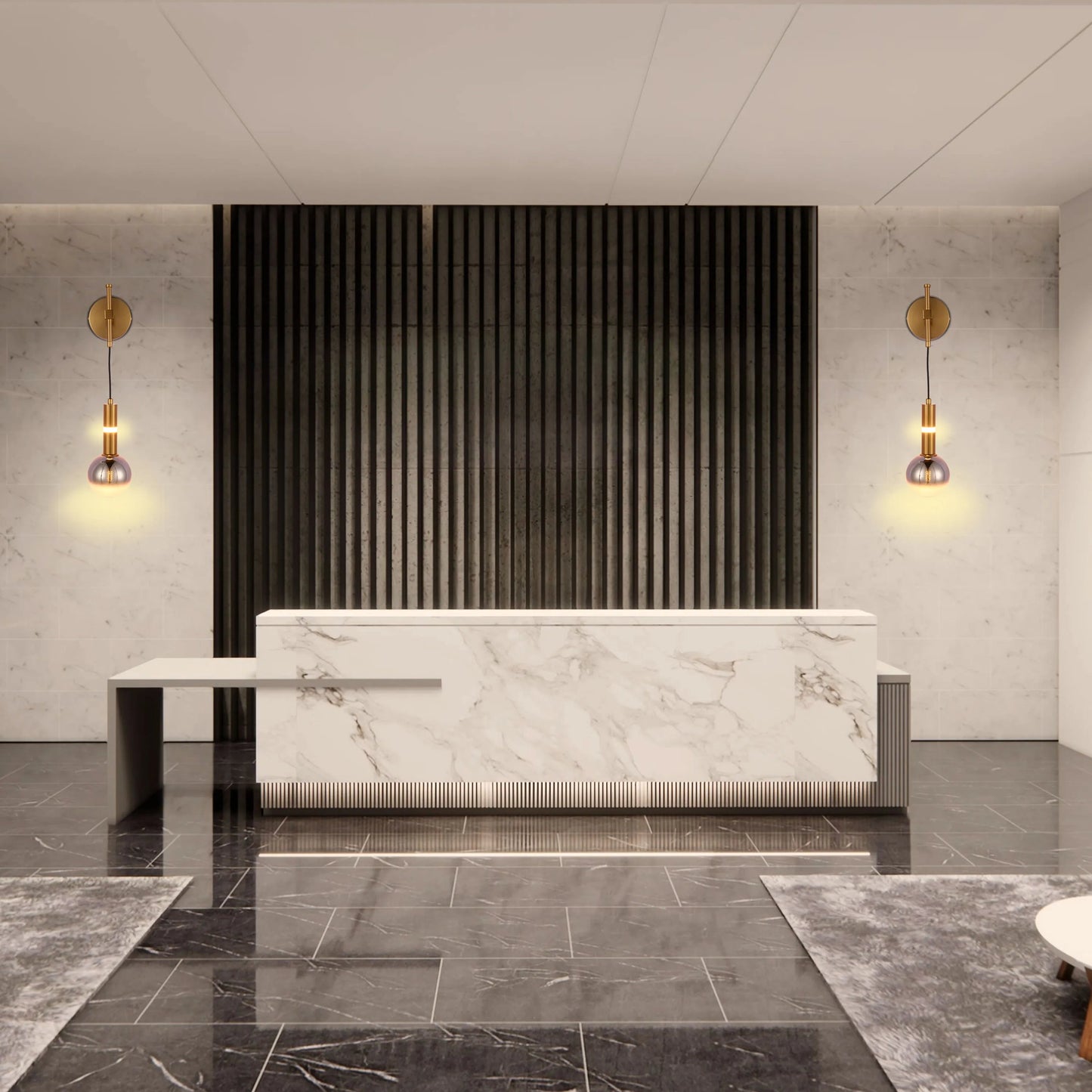 Statement lighting fixtures with gold accents flank a modern reception desk, adding a warm glow to the marble and dark wood backdrop.