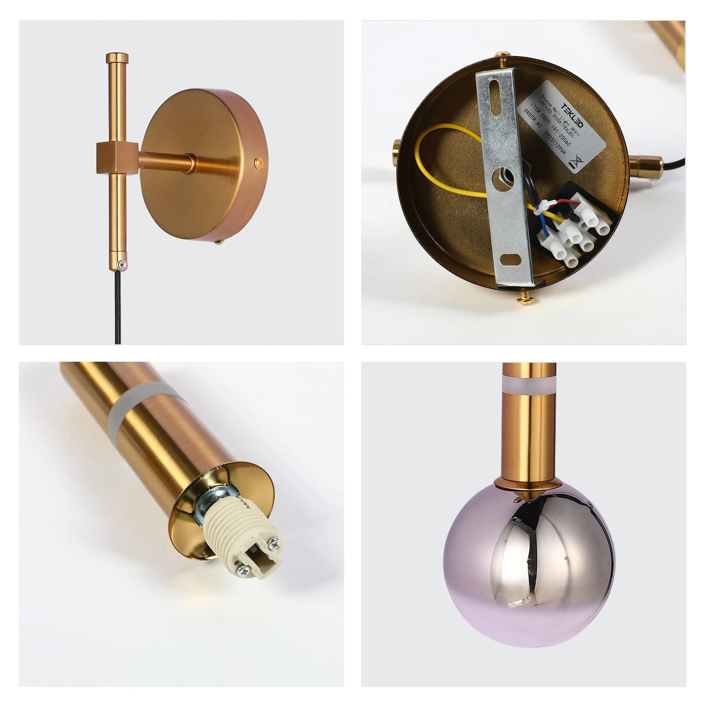 Close-up of a modern, gold-tone wall light with a spherical shade. It features an internal bulb fitting and visible wiring.