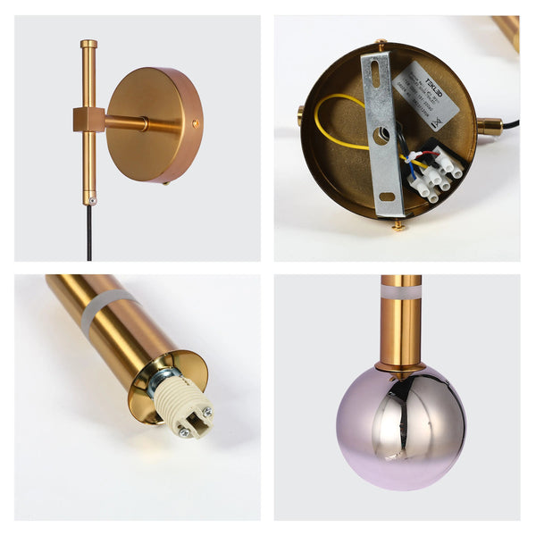 Close-up of a modern, gold-tone wall light with a spherical shade. It features an internal bulb fitting and visible wiring.