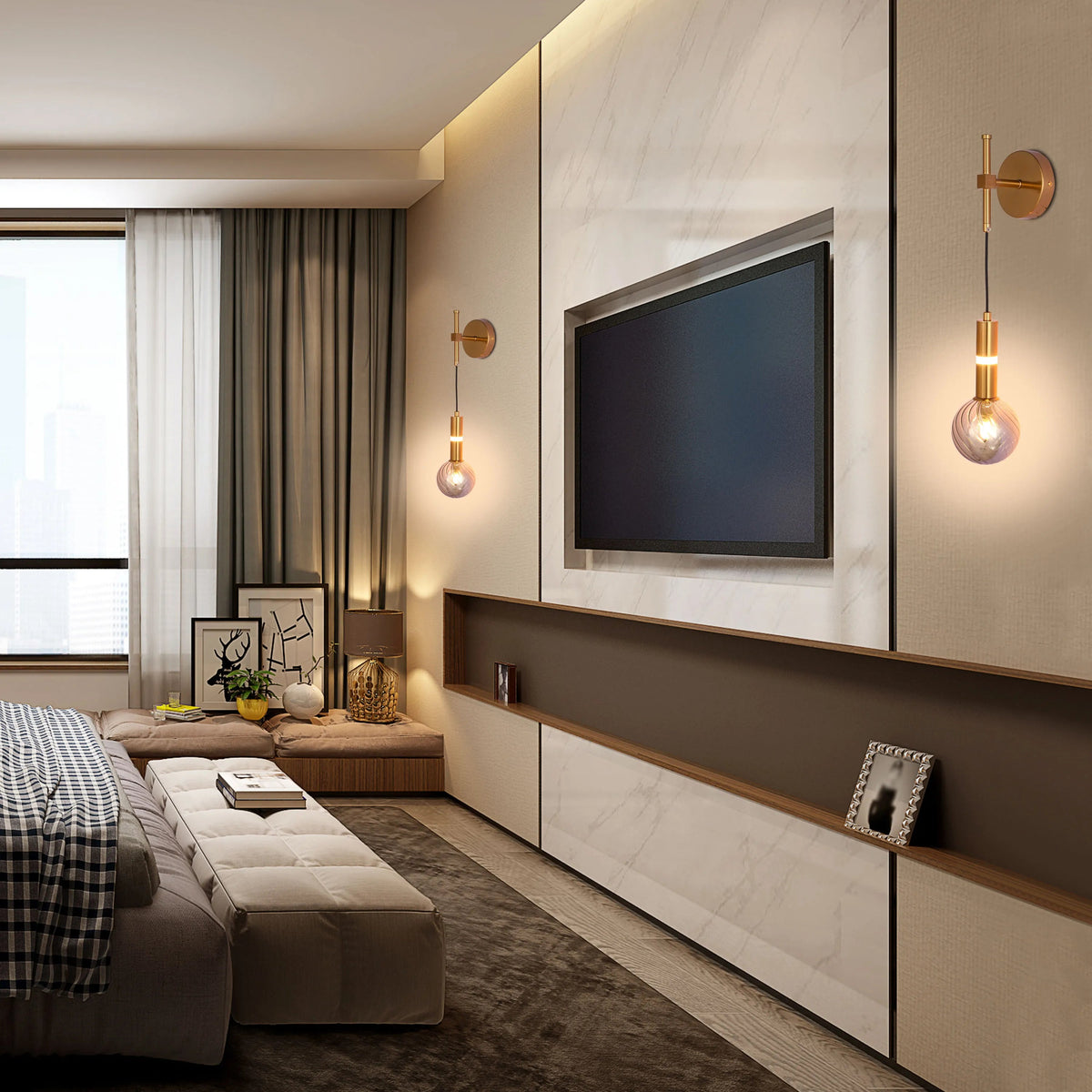 Bedroom lighting: two gold wall lights with decorative glass globes flank a wall-mounted television in a modern bedroom.