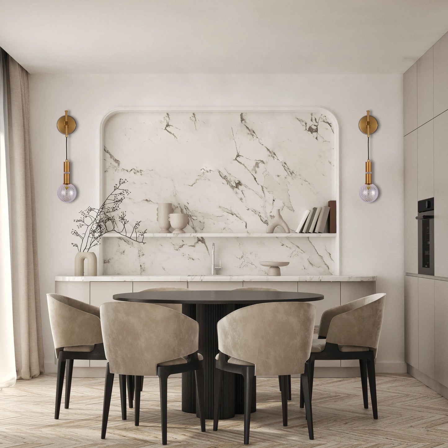 Stylish wall sconces illuminate this elegant dining space. Gold fittings hold glass globes, casting a soft, ambient light.