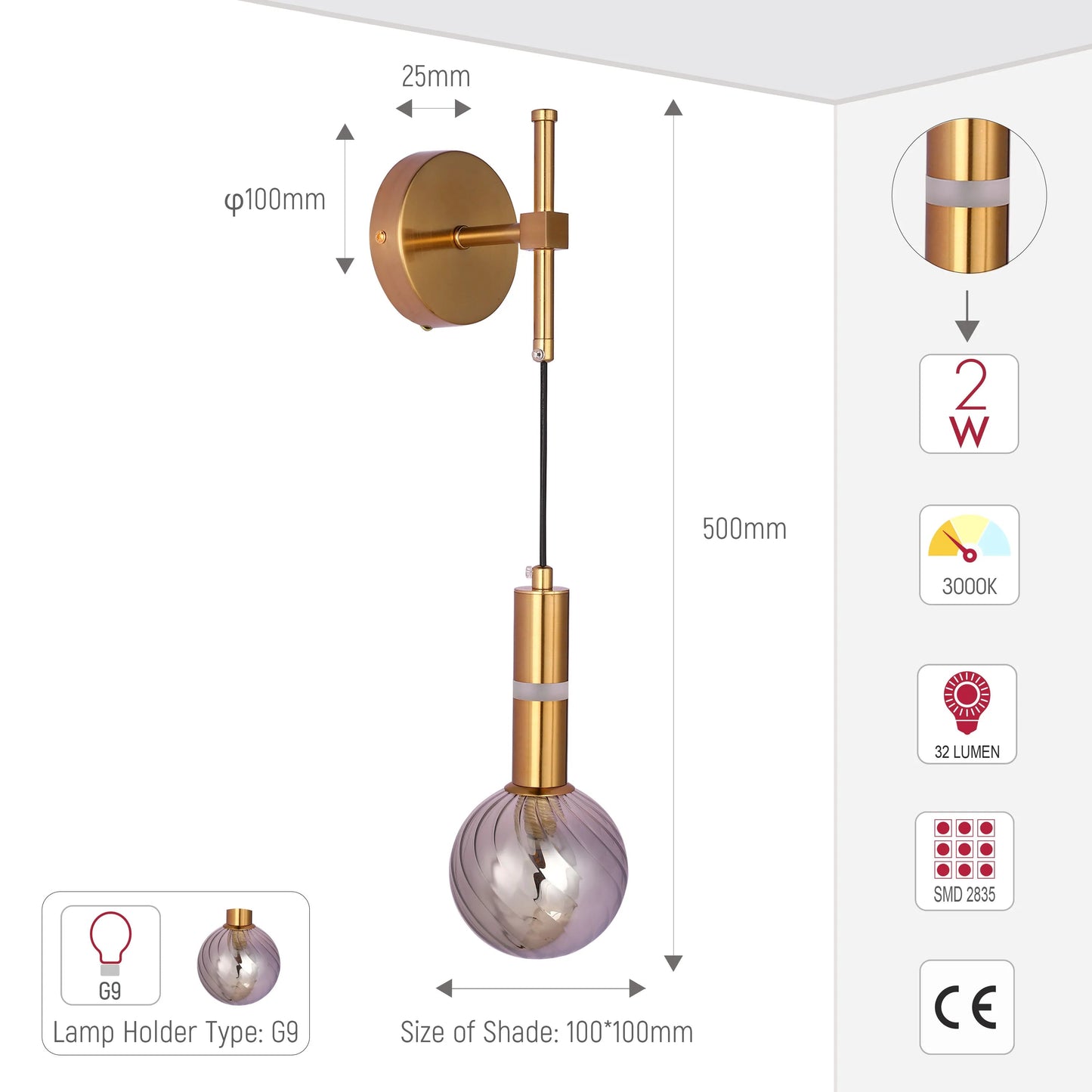 Contemporary gold wall light with smoked glass shade, G9 fitting, 2W, 3000K, 32 Lumens and 500mm drop.