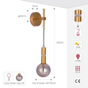 Contemporary gold wall light with smoked glass shade, G9 fitting, 2W, 3000K, 32 Lumens and 500mm drop.
