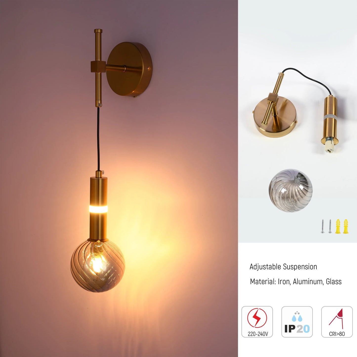 A modern wall light with a gold finish and spherical, patterned glass shade. Adjustable suspension. Materials: Iron, Aluminium, Glass.