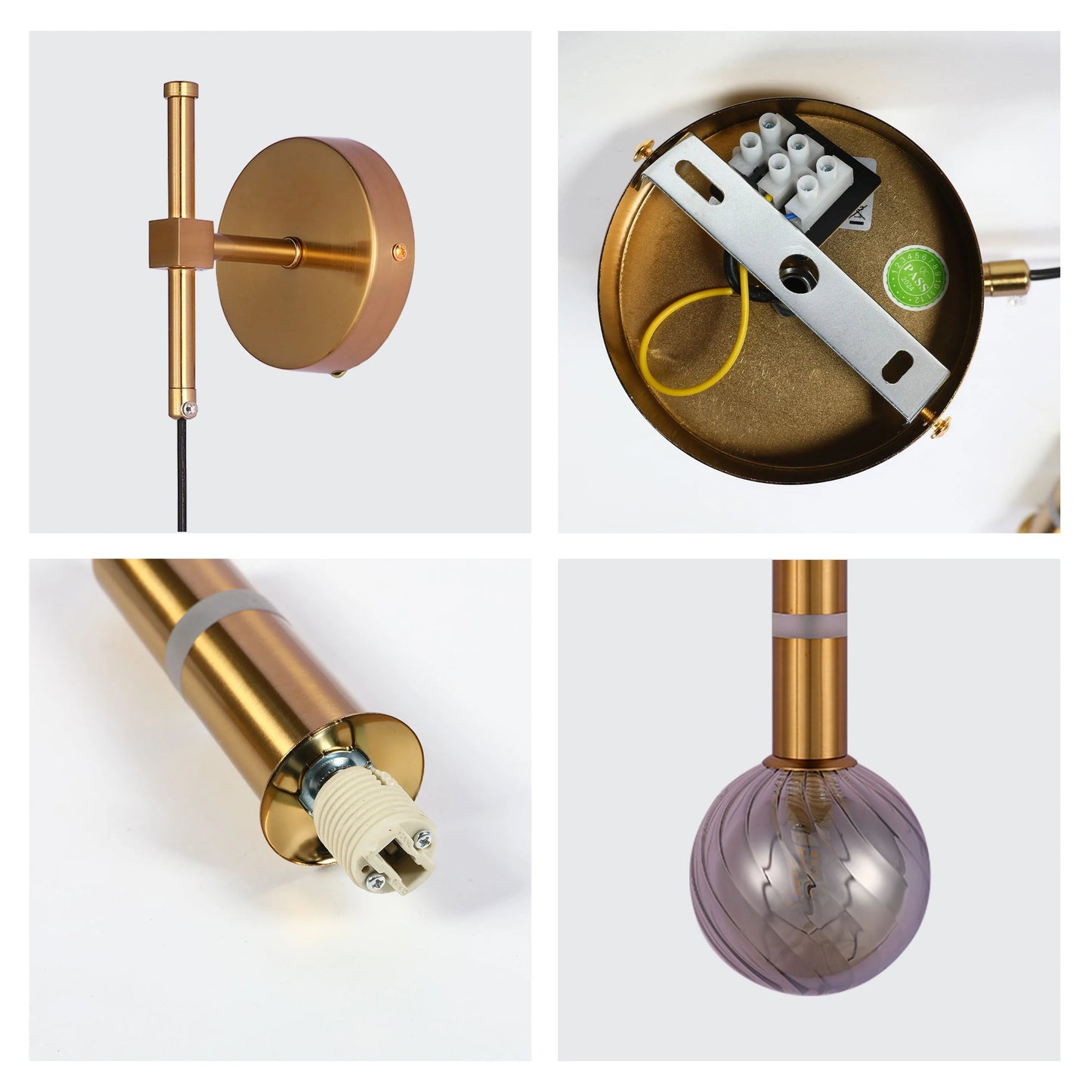 Close-up of a modern wall light. Featuring gold coloured metal and a decorative, tinted glass bulb.
