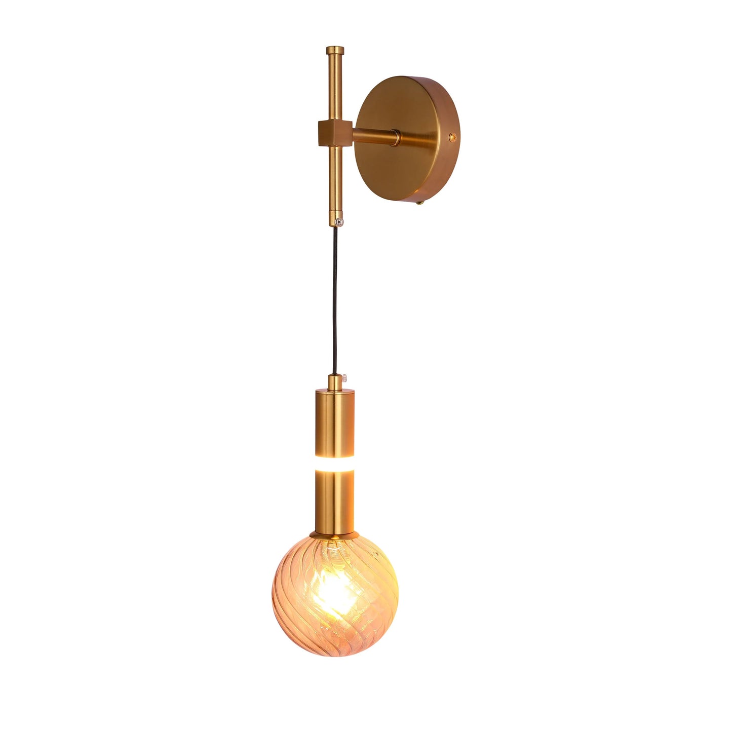 Stylish gold wall light with a decorative glass bulb. The glow creates a modern, elegant feel.
