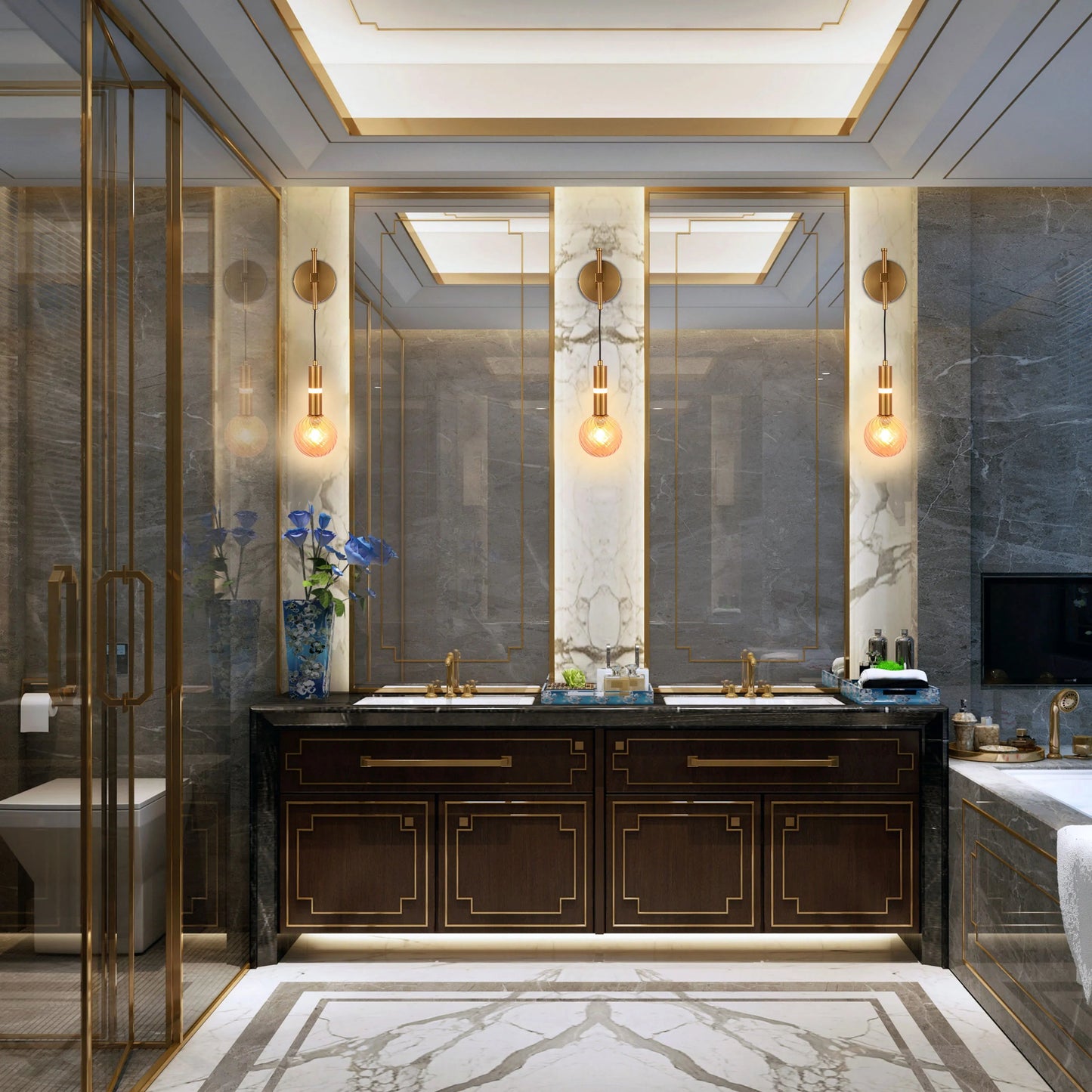 A lavish bathroom with statement lighting. Two wall sconces with exposed bulbs light the vanity area.