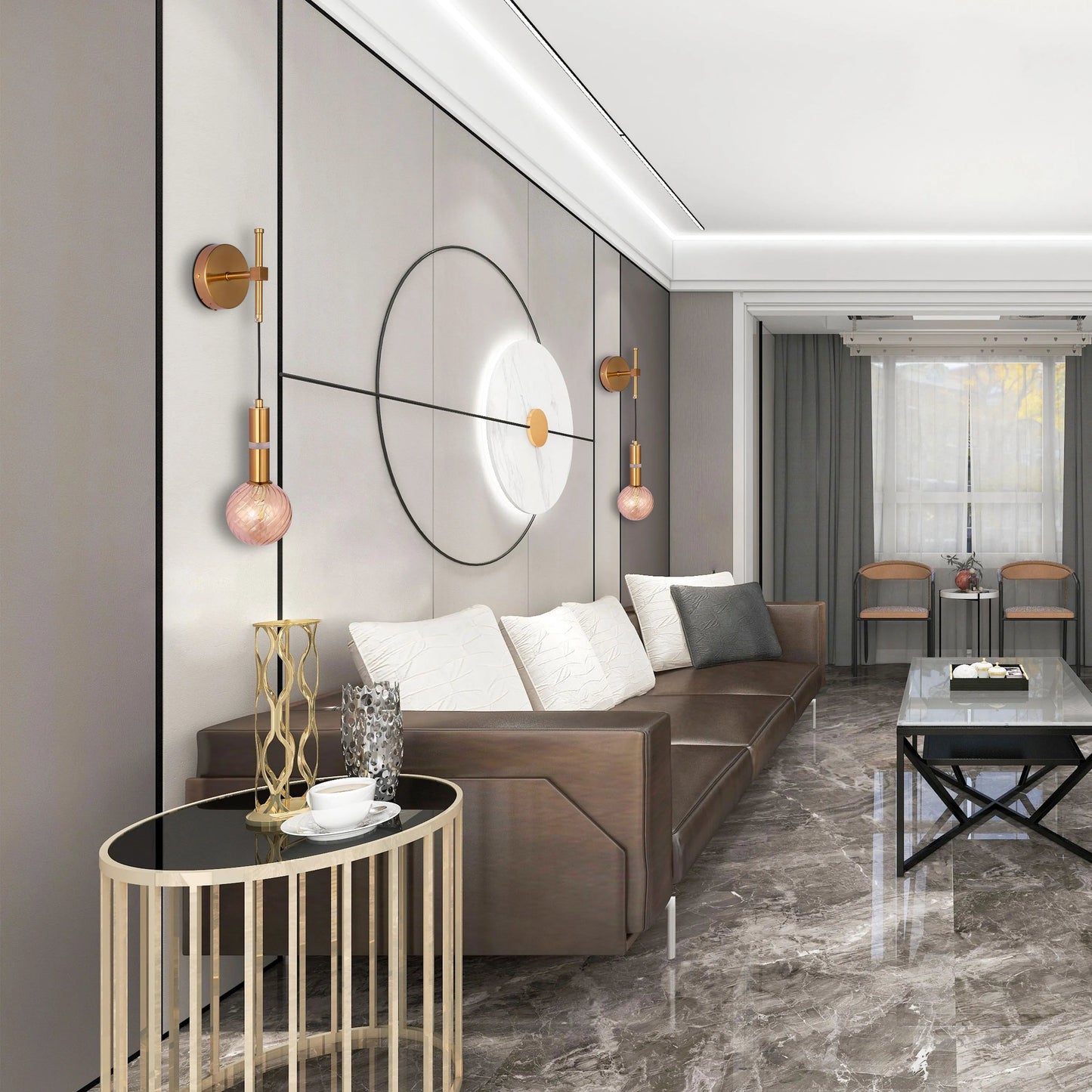 Sconce lighting and linear ceiling lights create a warm and inviting ambiance in this modern living room.