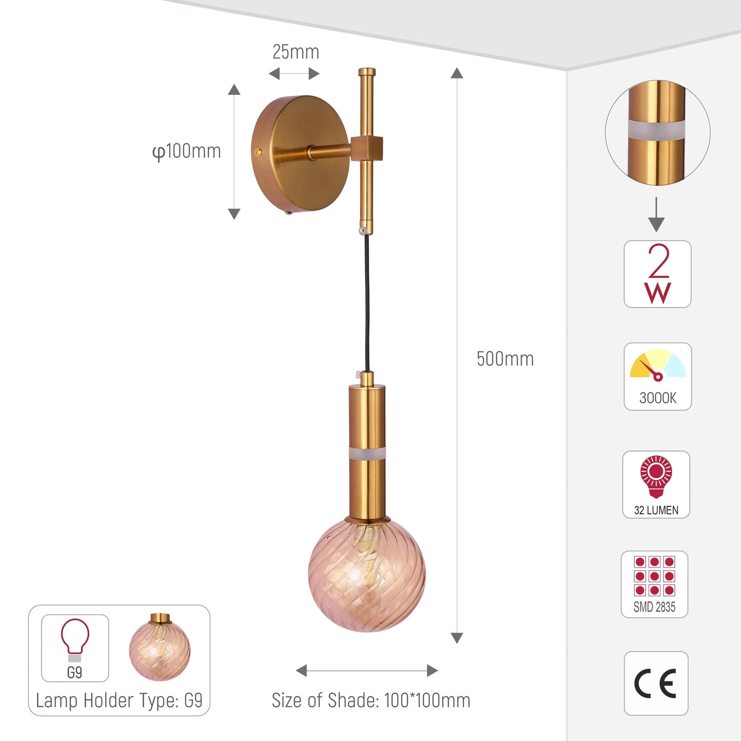 A stylish, gold wall light with a pink glass shade. Dimensions include: 500mm height and 100mm shade diameter.