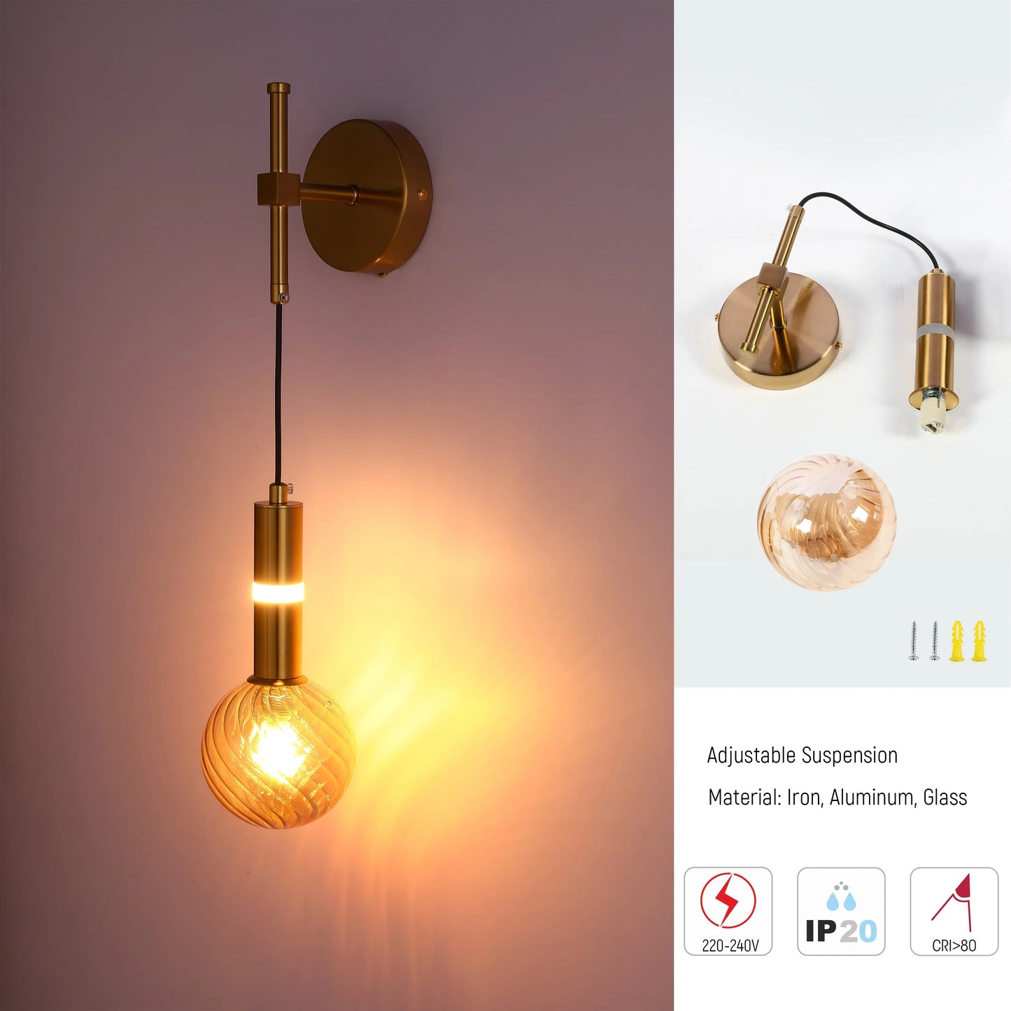 Modern gold wall light with round glass shade. Adjustable suspension. Materials: iron, aluminium, glass.
