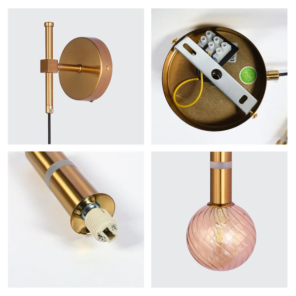 Contemporary wall and pendant light with a gold finish and pink glass shade, offering a sleek and modern lighting solution.