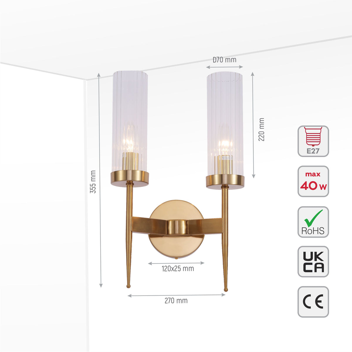 A stylish two-bulb wall light with fluted glass shades and a sleek gold finish. Ideal for adding a touch of elegance.