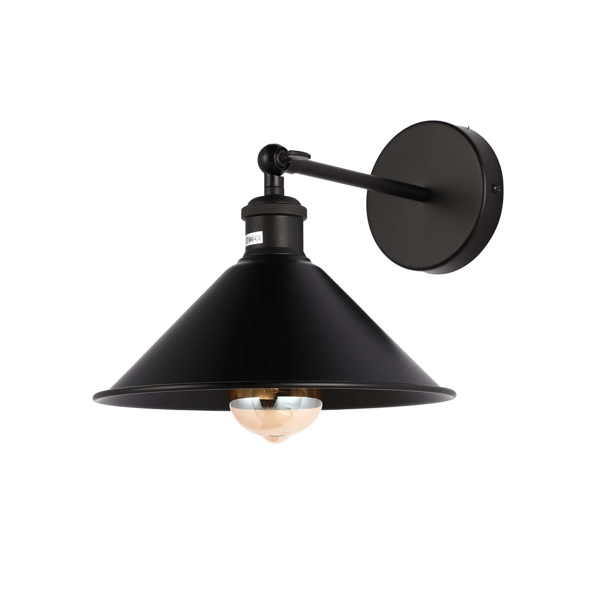 A black metal wall lamp with a cone shade, casting a soft glow from its exposed bulb. A stylish, industrial-chic lighting feature.