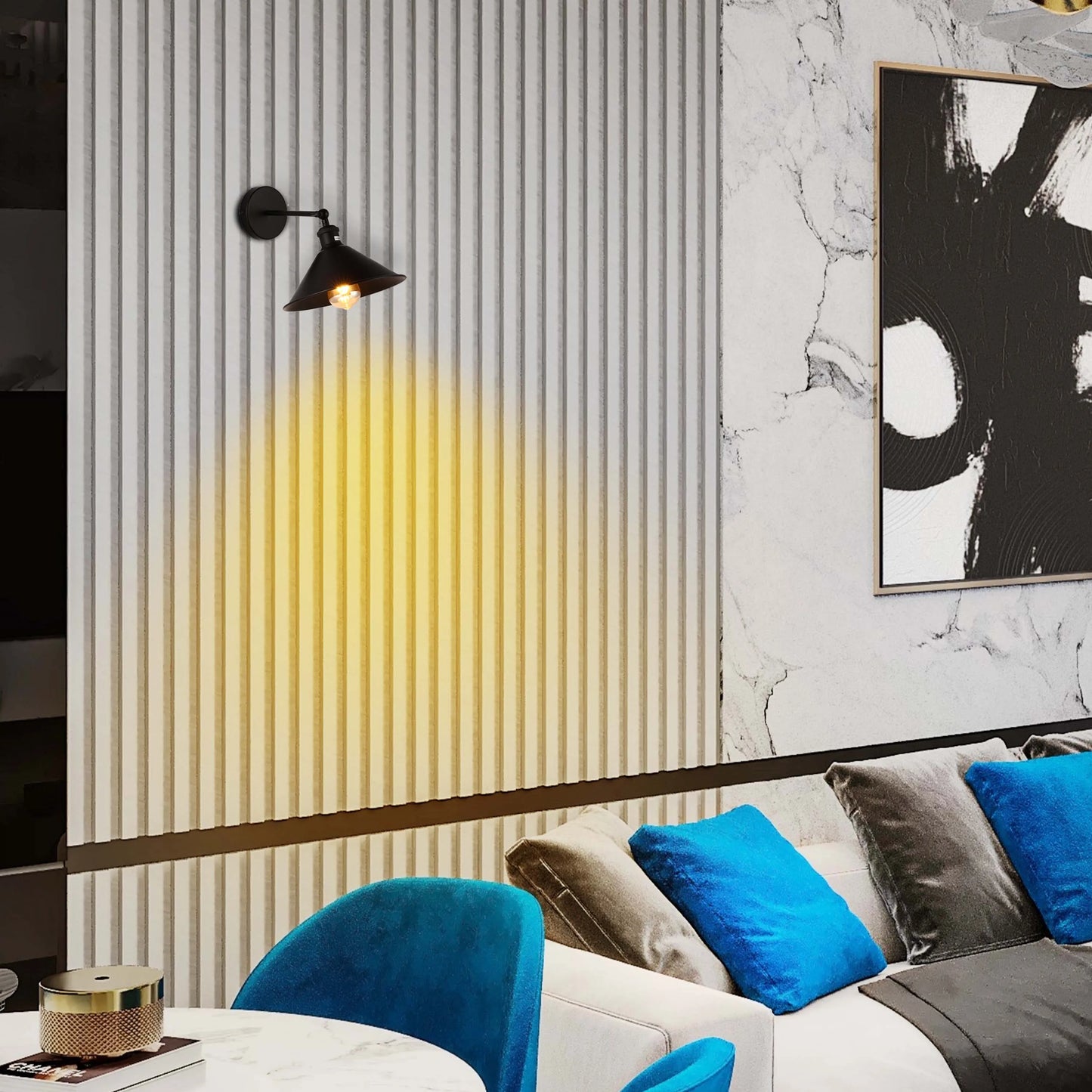 A black wall light is illuminated, casting a warm, directional glow on the textured white wall behind it.