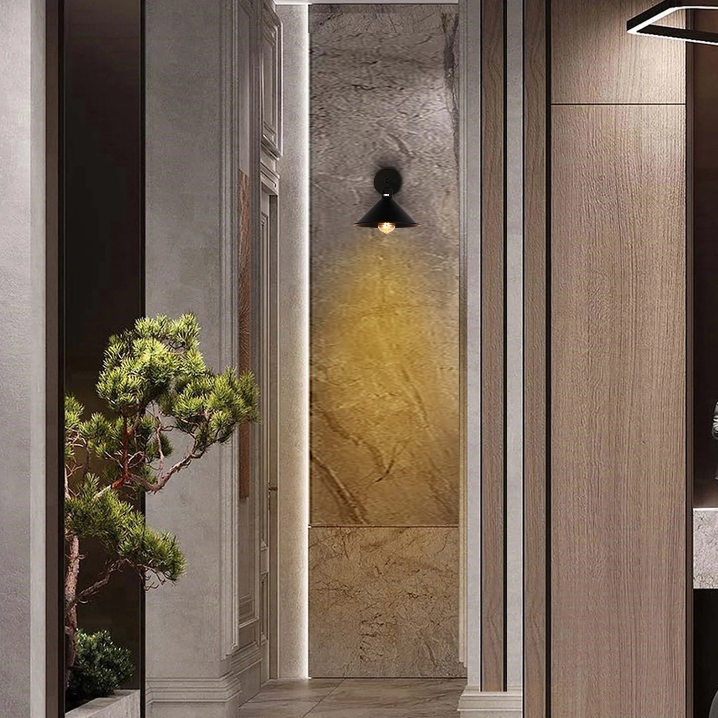 A hallway features a wall sconce emitting a warm glow. An ambient modern light is also visible in the right corner.