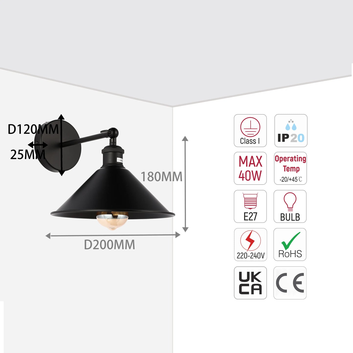 Black metal wall light with dimensions: D120MM, 25MM, 180MM, D200MM. Displays Class I, IP20, MAX 40W, and ROHS marks.