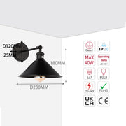 Black metal wall light with dimensions: D120MM, 25MM, 180MM, D200MM. Displays Class I, IP20, MAX 40W, and ROHS marks.