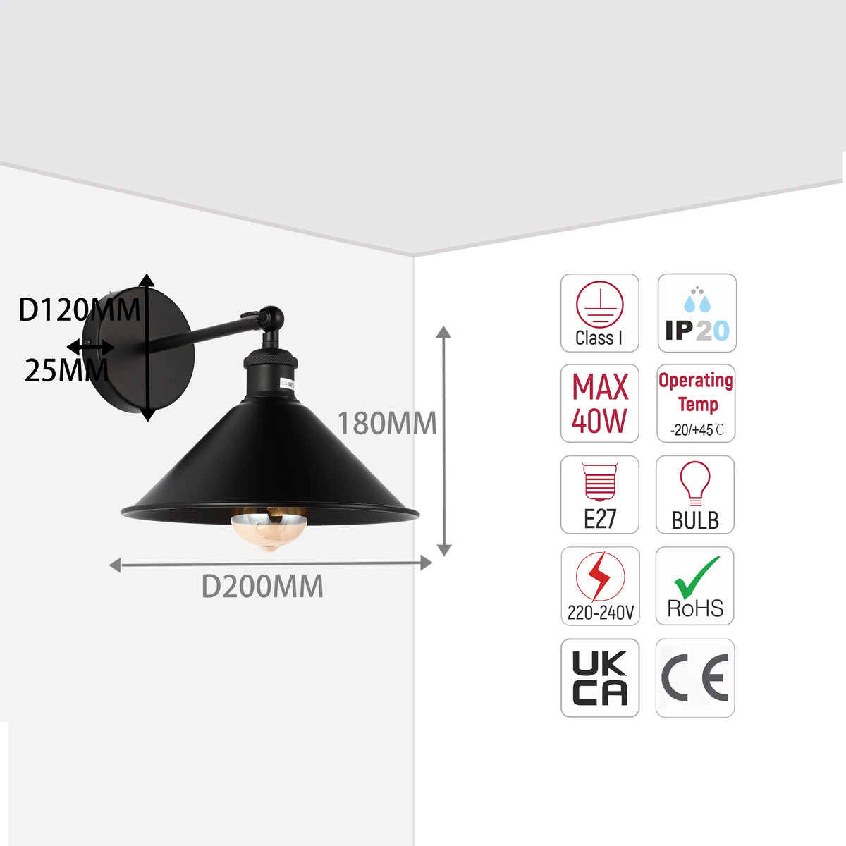 Black metal wall light with dimensions: D120MM, 25MM, 180MM, D200MM. Displays Class I, IP20, MAX 40W, and ROHS marks.