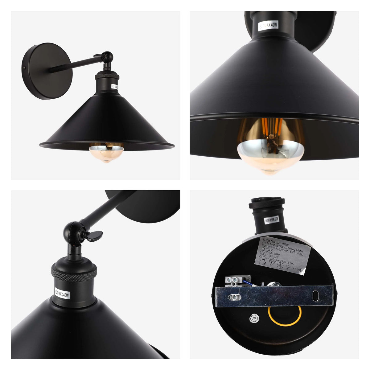 A black, industrial-style wall light with adjustable arm, cone shade and E27 fitting. Max 40W. Perfect for a modern, minimalist home.