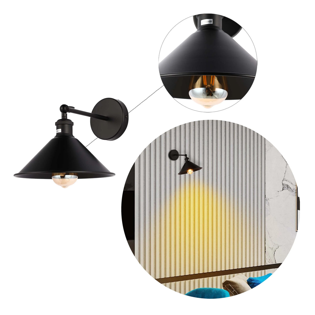 A black metal wall light with a conical shade and a visible filament bulb, casting a warm downward glow.