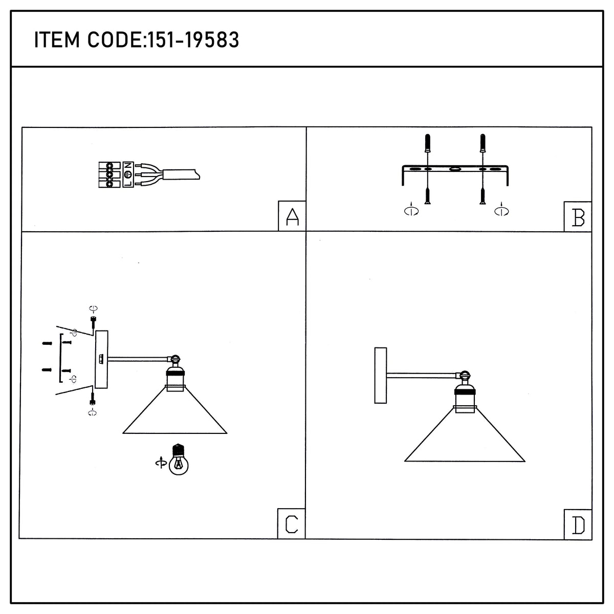 Instructions for installing a wall light with a conical shade. The item code is 151-19583.