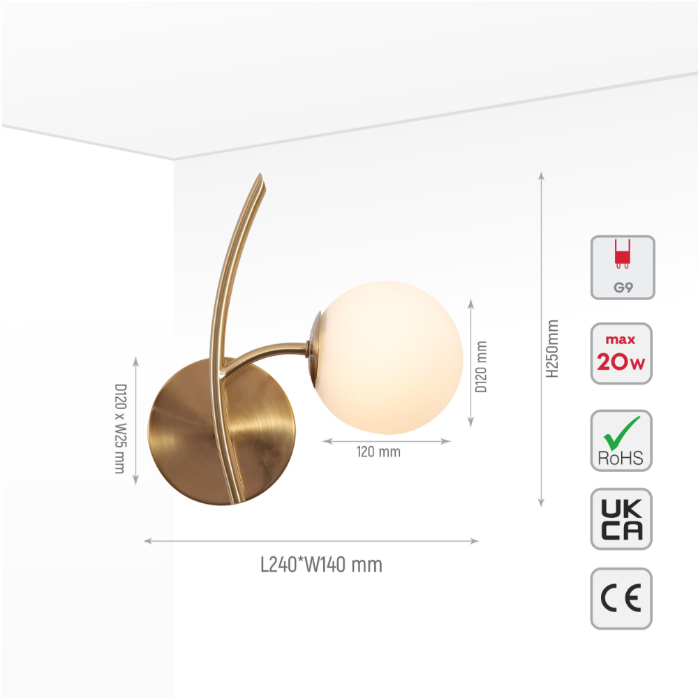 Product dimensions of Gold Aluminium Bronze Metal Opal Glass Globe Wall Light with G9 Fitting