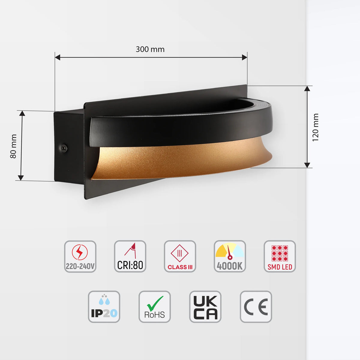 Modern LED wall light in black and gold. Technical details shown with dimensions and certification badges.