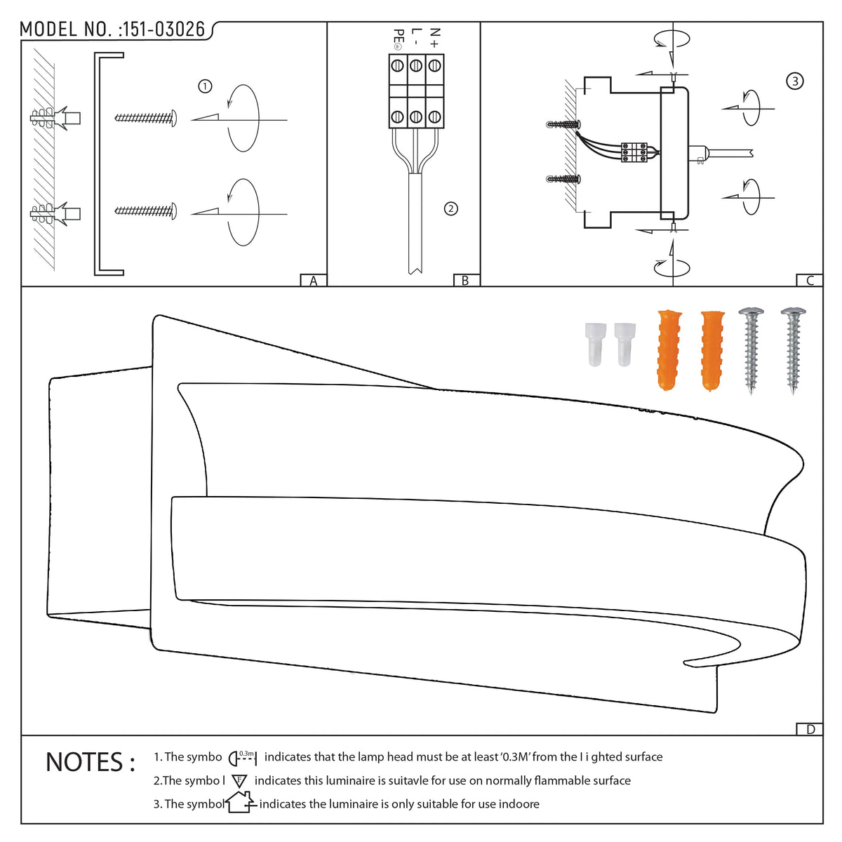 Technical drawing for light fitting install. Includes wiring diagram, fixing and safety notes for flammable surfaces and indoor use only.